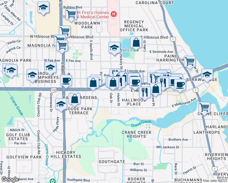 map of restaurants, bars, coffee shops, grocery stores, and more near 405 East New Haven Avenue in Melbourne