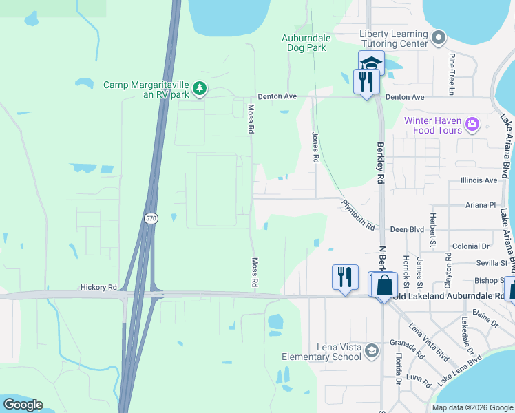 map of restaurants, bars, coffee shops, grocery stores, and more near 111 Moss Road in Auburndale