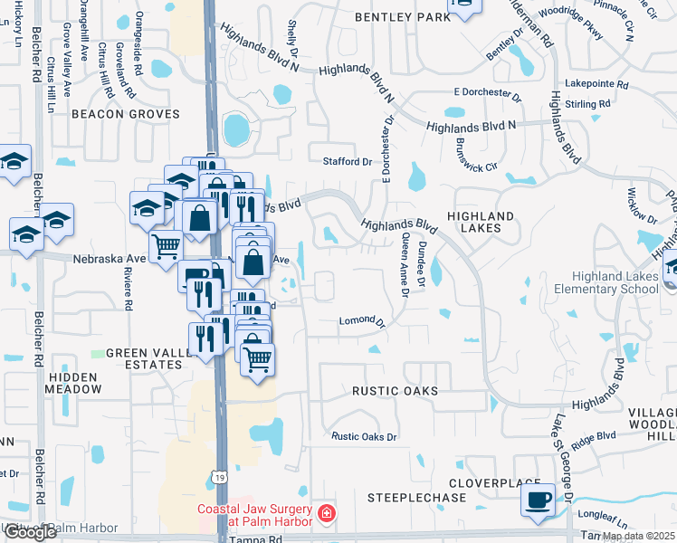 map of restaurants, bars, coffee shops, grocery stores, and more near 1150 Orange Tree Circle East in Palm Harbor