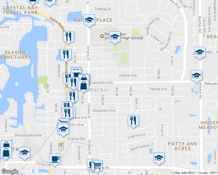 map of restaurants, bars, coffee shops, grocery stores, and more near 1427 Florida Avenue in Palm Harbor