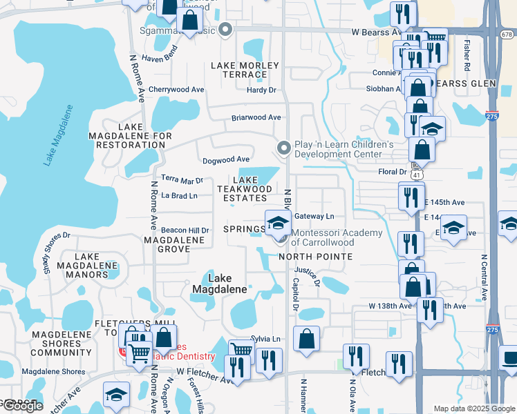 map of restaurants, bars, coffee shops, grocery stores, and more near 922 Oak Stone Drive in Tampa