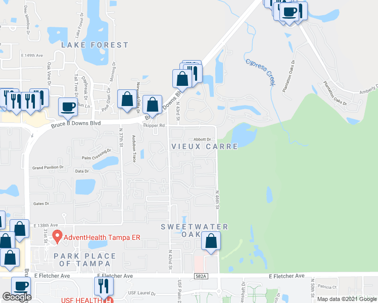 map of restaurants, bars, coffee shops, grocery stores, and more near 14400 Reuter Strasse Circle in Tampa