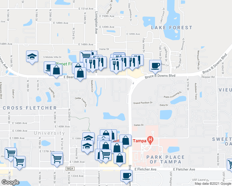 map of restaurants, bars, coffee shops, grocery stores, and more near in University