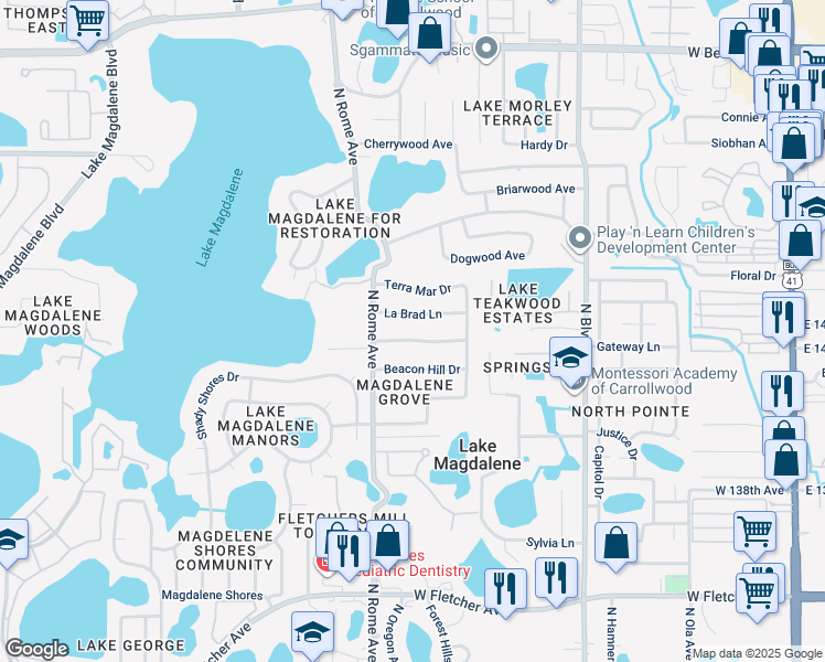 map of restaurants, bars, coffee shops, grocery stores, and more near 1215 Magdalene Grove Avenue in Tampa