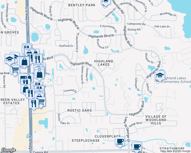 map of restaurants, bars, coffee shops, grocery stores, and more near 3119 Mission Grove Drive in Palm Harbor