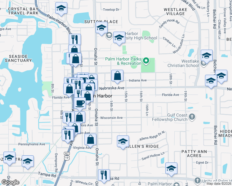 map of restaurants, bars, coffee shops, grocery stores, and more near 1427 Florida Avenue in Palm Harbor