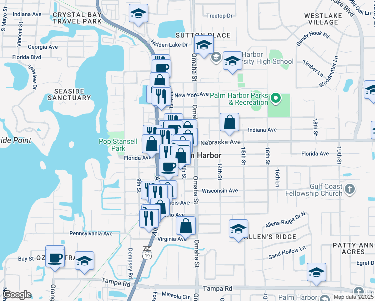 map of restaurants, bars, coffee shops, grocery stores, and more near in Palm Harbor