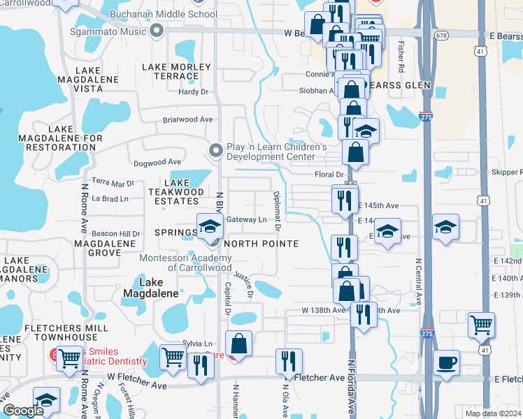 map of restaurants, bars, coffee shops, grocery stores, and more near 706 Regency Court in Tampa