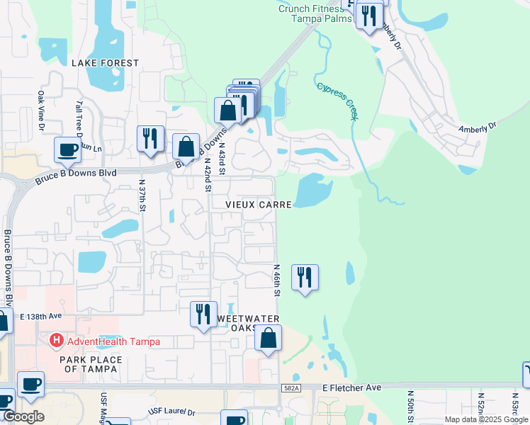 map of restaurants, bars, coffee shops, grocery stores, and more near 14402 Burgundy Square in Tampa