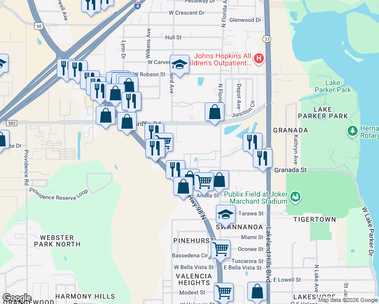 map of restaurants, bars, coffee shops, grocery stores, and more near 336 Queen Mary Loop in Lakeland