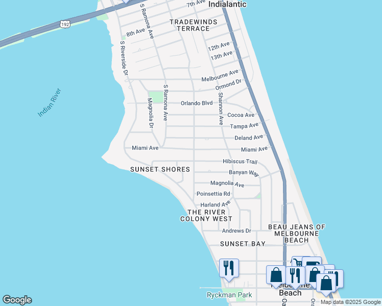 map of restaurants, bars, coffee shops, grocery stores, and more near 301 Miami Avenue in Indialantic