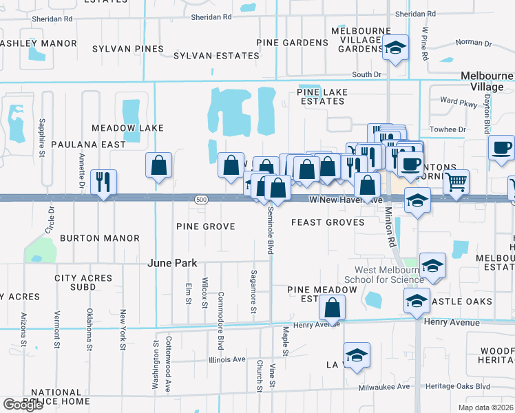 map of restaurants, bars, coffee shops, grocery stores, and more near 3453 West New Haven Avenue in Melbourne