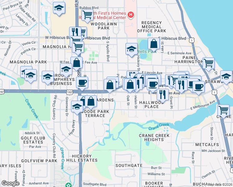 map of restaurants, bars, coffee shops, grocery stores, and more near 231 East New Haven Avenue in Melbourne