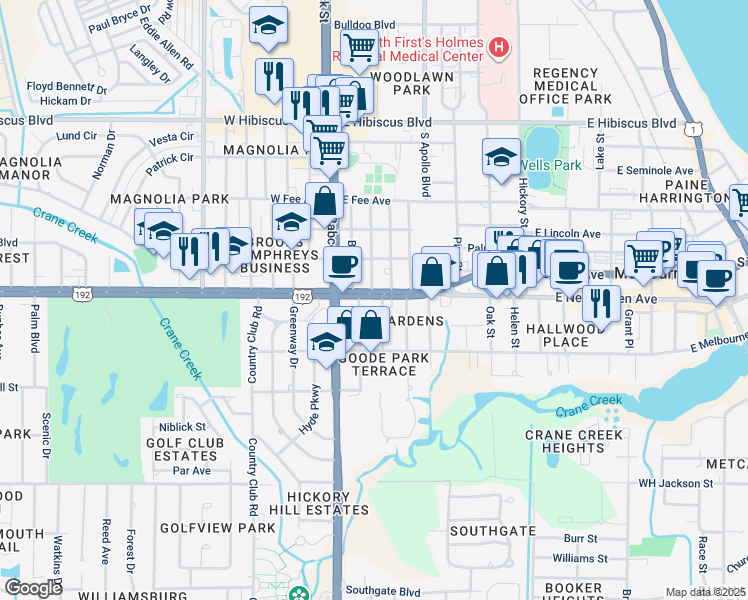map of restaurants, bars, coffee shops, grocery stores, and more near 109 U.S. 192 in Melbourne