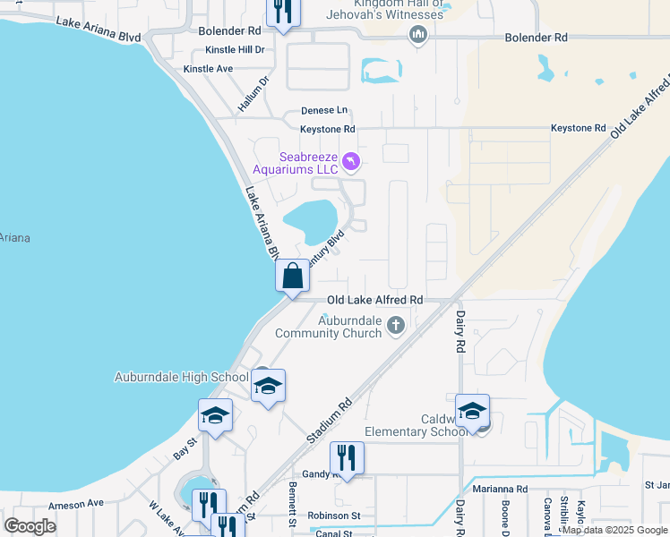 map of restaurants, bars, coffee shops, grocery stores, and more near 1017 Caroline Avenue in Auburndale