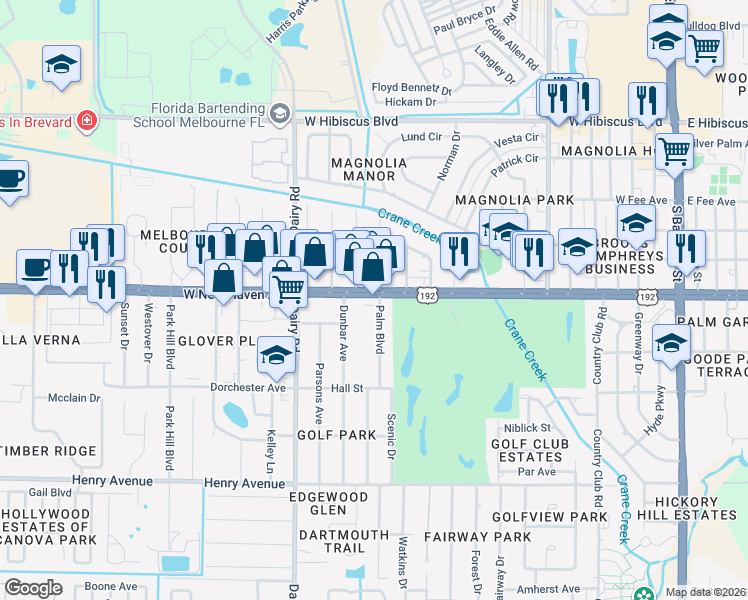 map of restaurants, bars, coffee shops, grocery stores, and more near 801 West New Haven Avenue in Melbourne