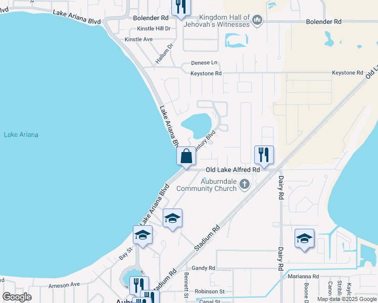 map of restaurants, bars, coffee shops, grocery stores, and more near 201 Century Boulevard in Auburndale