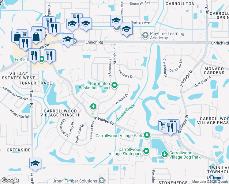 map of restaurants, bars, coffee shops, grocery stores, and more near 14070 Burrington Drive in Tampa