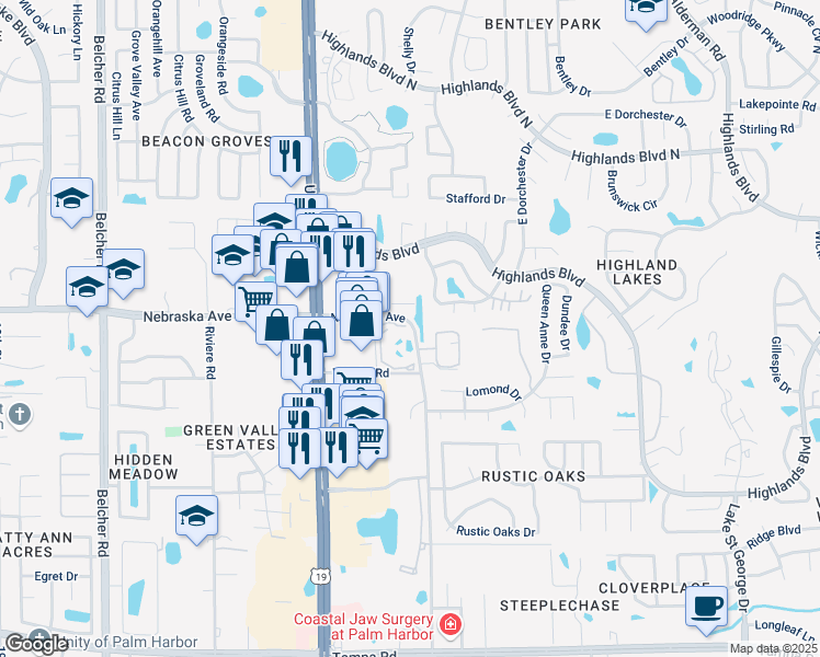 map of restaurants, bars, coffee shops, grocery stores, and more near 1163 Orange Tree Circle West in Palm Harbor