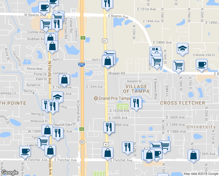 map of restaurants, bars, coffee shops, grocery stores, and more near 14409 North Nebraska Avenue in Tampa