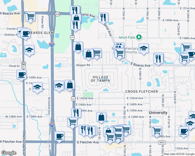 map of restaurants, bars, coffee shops, grocery stores, and more near 14517 Fall Road in Tampa