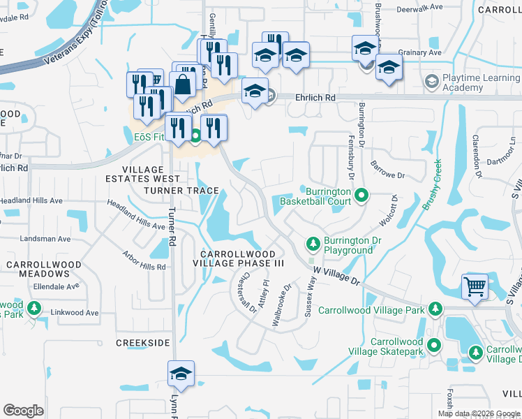 map of restaurants, bars, coffee shops, grocery stores, and more near 14011 Notreville Way in Tampa
