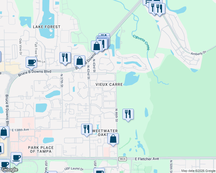 map of restaurants, bars, coffee shops, grocery stores, and more near 14402 Burgundy Square in Tampa