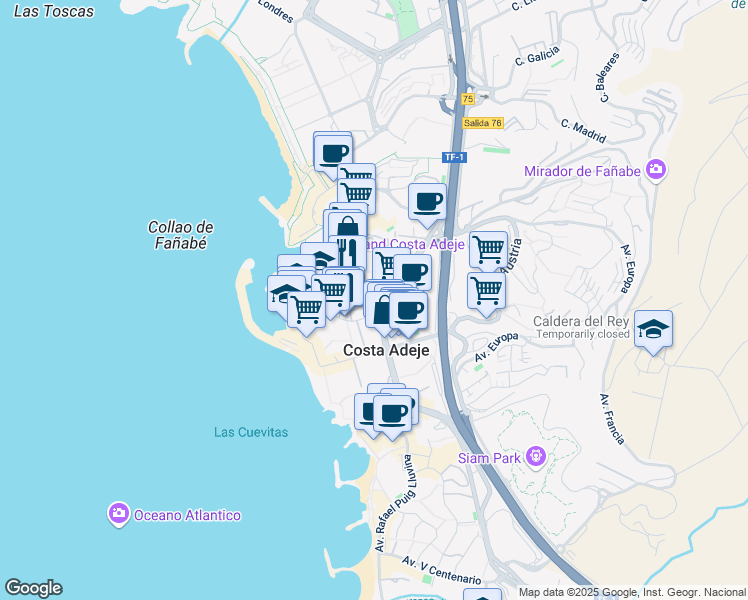 map of restaurants, bars, coffee shops, grocery stores, and more near 52 Avenida de España in Costa Adeje