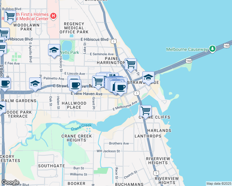 map of restaurants, bars, coffee shops, grocery stores, and more near 912a East New Haven Avenue in Melbourne