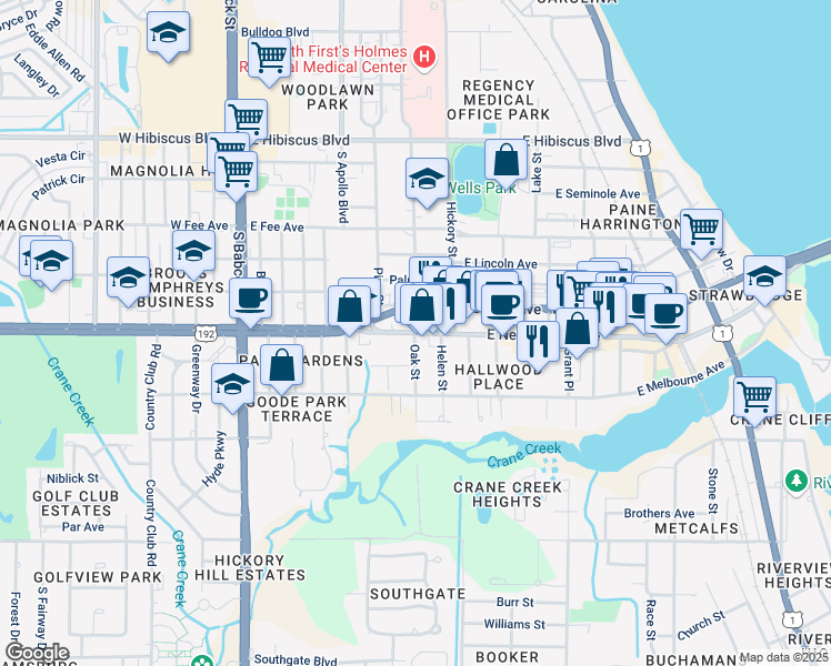 map of restaurants, bars, coffee shops, grocery stores, and more near 314 East New Haven Avenue in Melbourne