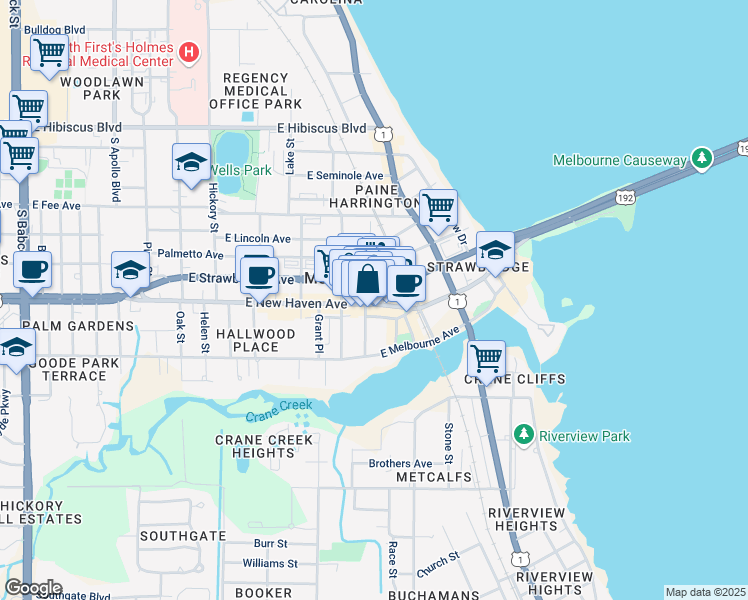map of restaurants, bars, coffee shops, grocery stores, and more near 821 East New Haven Avenue in Melbourne