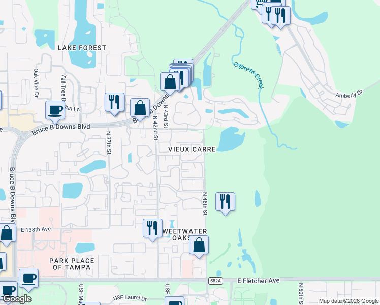 map of restaurants, bars, coffee shops, grocery stores, and more near 14402 Burgundy Square in Tampa