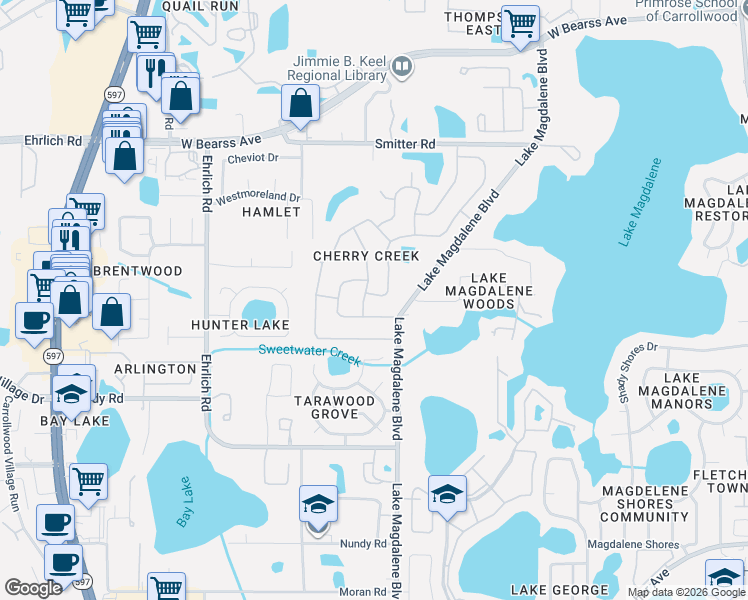 map of restaurants, bars, coffee shops, grocery stores, and more near 13907 Briardale Lane in Tampa