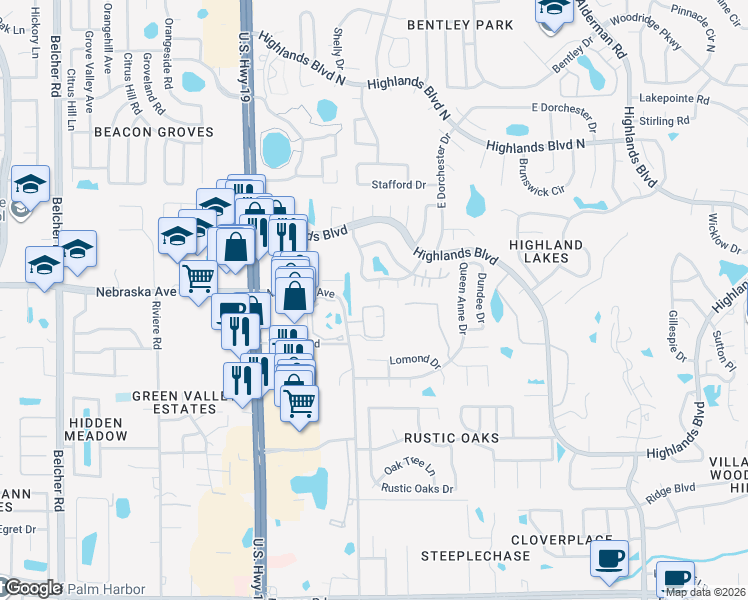 map of restaurants, bars, coffee shops, grocery stores, and more near 2833 Orange Tree Circle North in Palm Harbor
