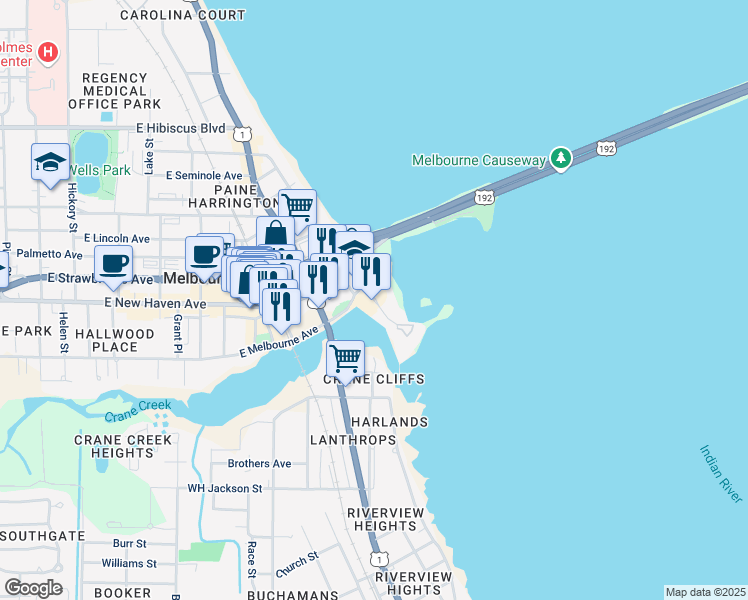 map of restaurants, bars, coffee shops, grocery stores, and more near 2221 Front Street in Melbourne