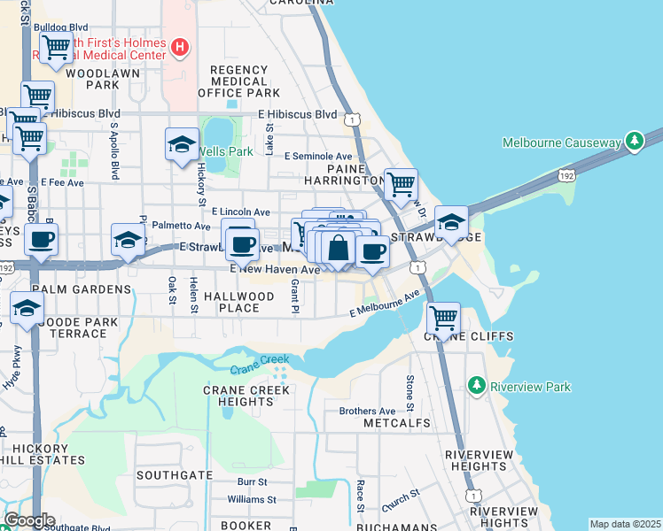 map of restaurants, bars, coffee shops, grocery stores, and more near 821 East New Haven Avenue in Melbourne
