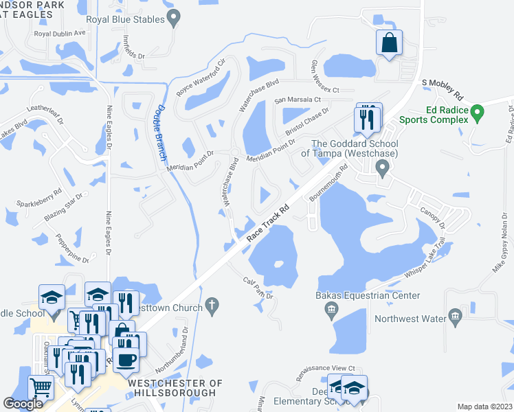 map of restaurants, bars, coffee shops, grocery stores, and more near 14456 Mirabelle Vista Circle in Tampa