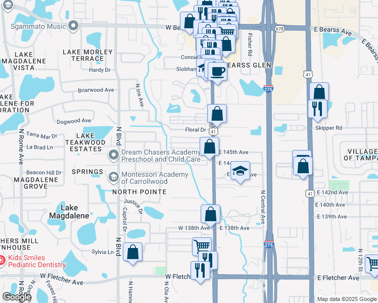 map of restaurants, bars, coffee shops, grocery stores, and more near 14530 North Florida Avenue in Tampa