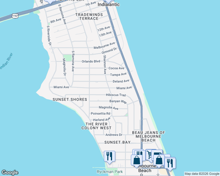 map of restaurants, bars, coffee shops, grocery stores, and more near 191 Miami Avenue in Indialantic