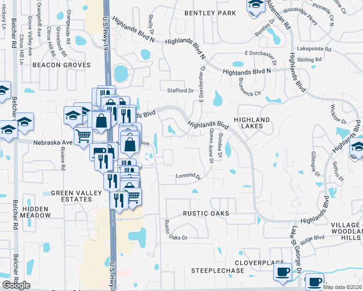 map of restaurants, bars, coffee shops, grocery stores, and more near 1197 Royal Boulevard in Palm Harbor