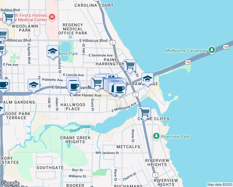 map of restaurants, bars, coffee shops, grocery stores, and more near 912a East New Haven Avenue in Melbourne