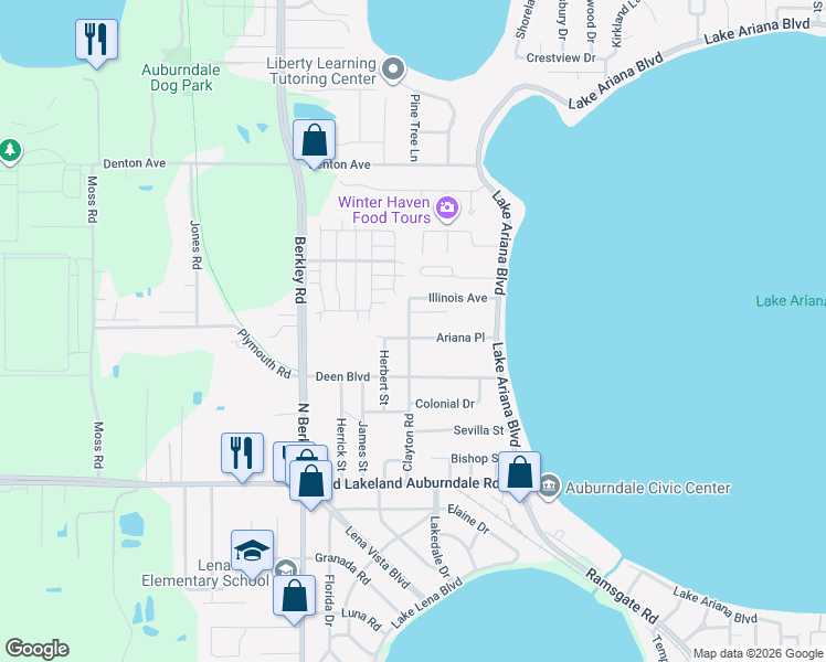 map of restaurants, bars, coffee shops, grocery stores, and more near 128 Ariana Place in Auburndale