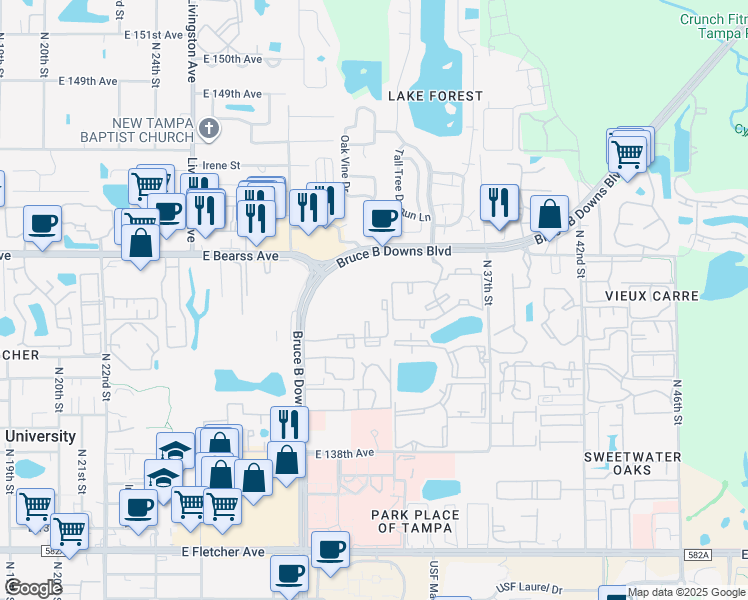 map of restaurants, bars, coffee shops, grocery stores, and more near 3182 Grand Pavilion Drive in Tampa