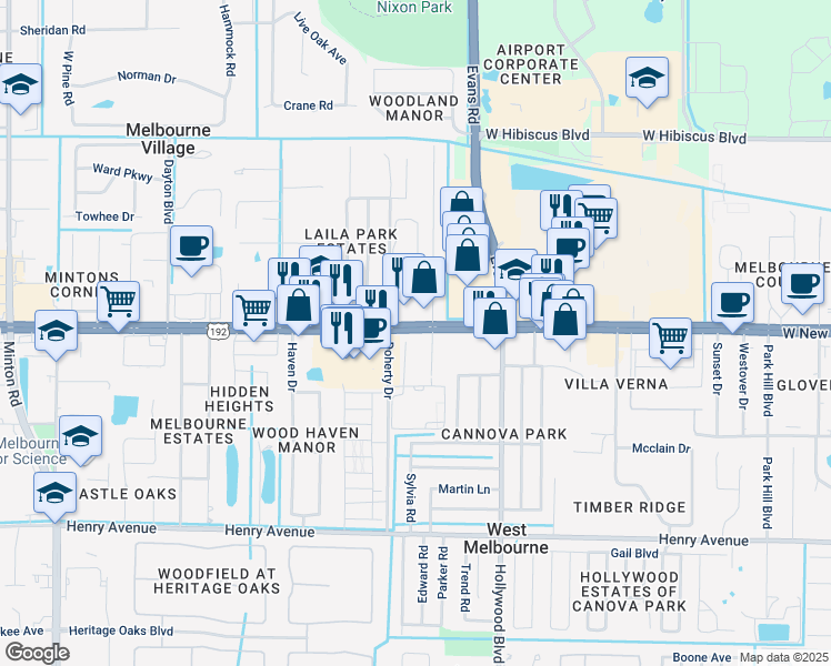 map of restaurants, bars, coffee shops, grocery stores, and more near 2125 West New Haven Avenue in West Melbourne