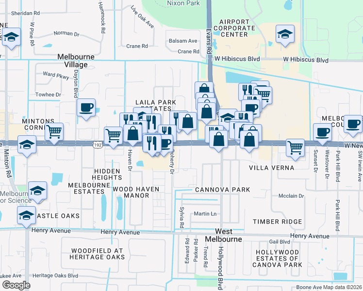 map of restaurants, bars, coffee shops, grocery stores, and more near 2125 West New Haven Avenue in West Melbourne