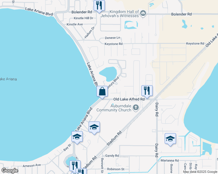 map of restaurants, bars, coffee shops, grocery stores, and more near 254 Century Boulevard in Auburndale