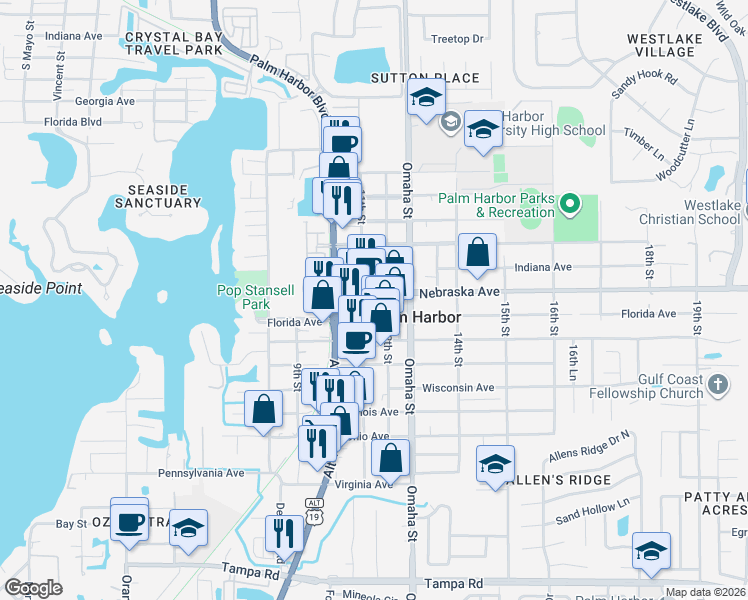 map of restaurants, bars, coffee shops, grocery stores, and more near 1115 Florida Avenue in Palm Harbor