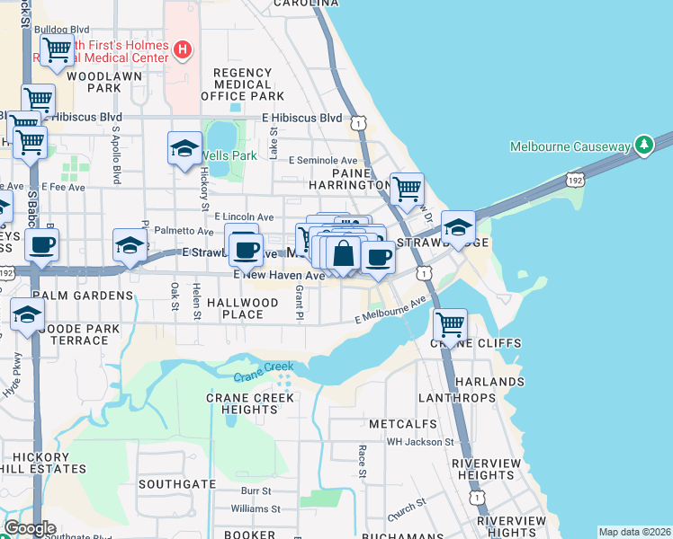 map of restaurants, bars, coffee shops, grocery stores, and more near 821 East New Haven Avenue in Melbourne
