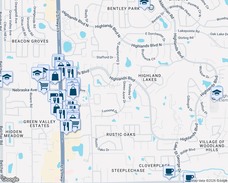 map of restaurants, bars, coffee shops, grocery stores, and more near 1151 Royal Boulevard in Palm Harbor