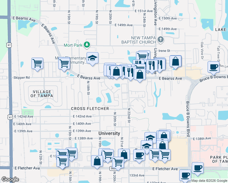 map of restaurants, bars, coffee shops, grocery stores, and more near 2102 Oak Chace Court in Tampa